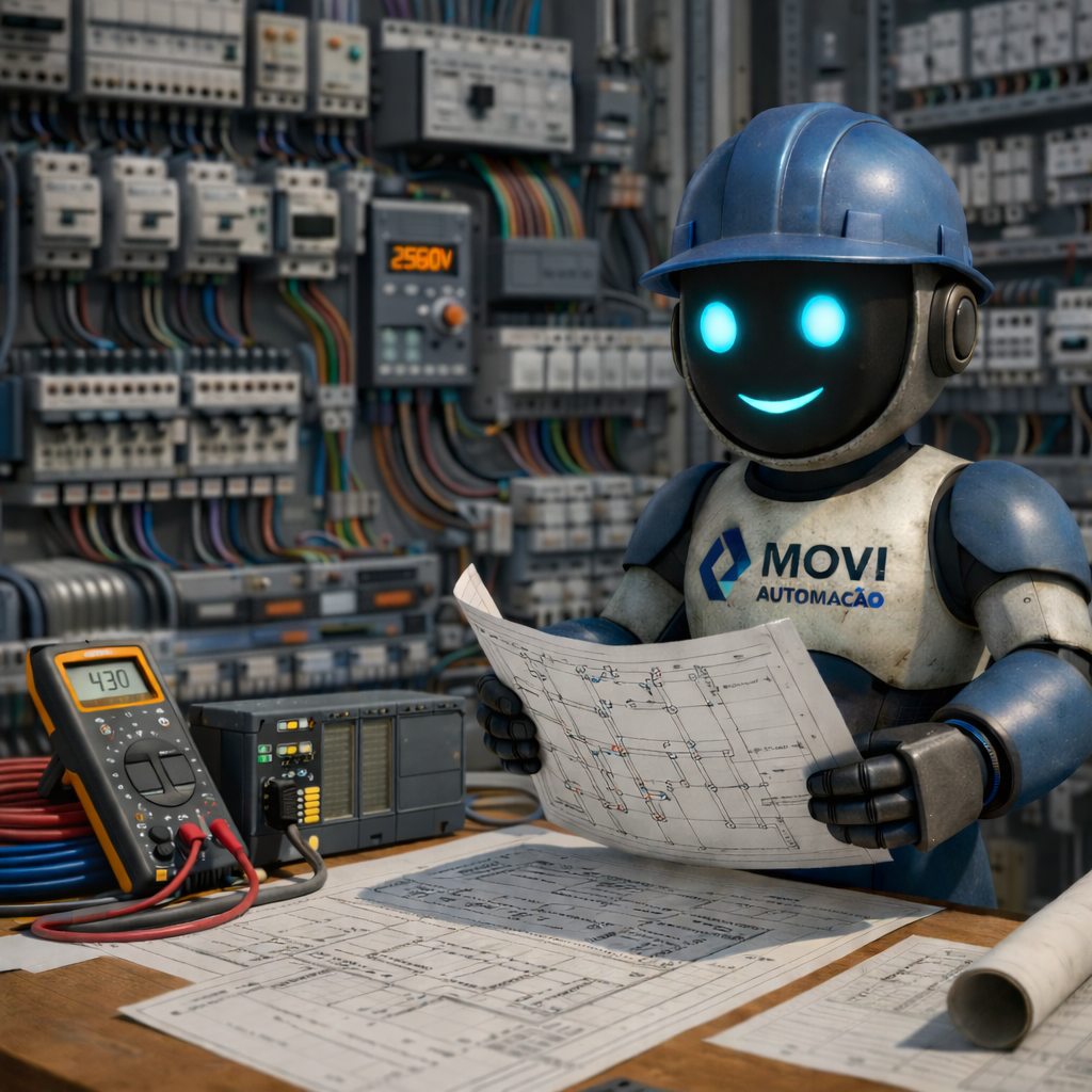 MOVI Automação - robô revisando projeto em cenário industrial